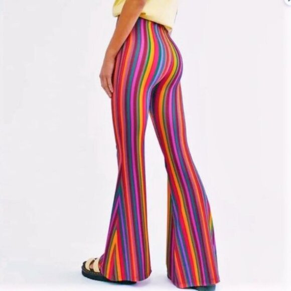 Free People Harper Striped Rainbow Pull On Pants Spring Jewels Flared High Rise - Picture 1 of 8